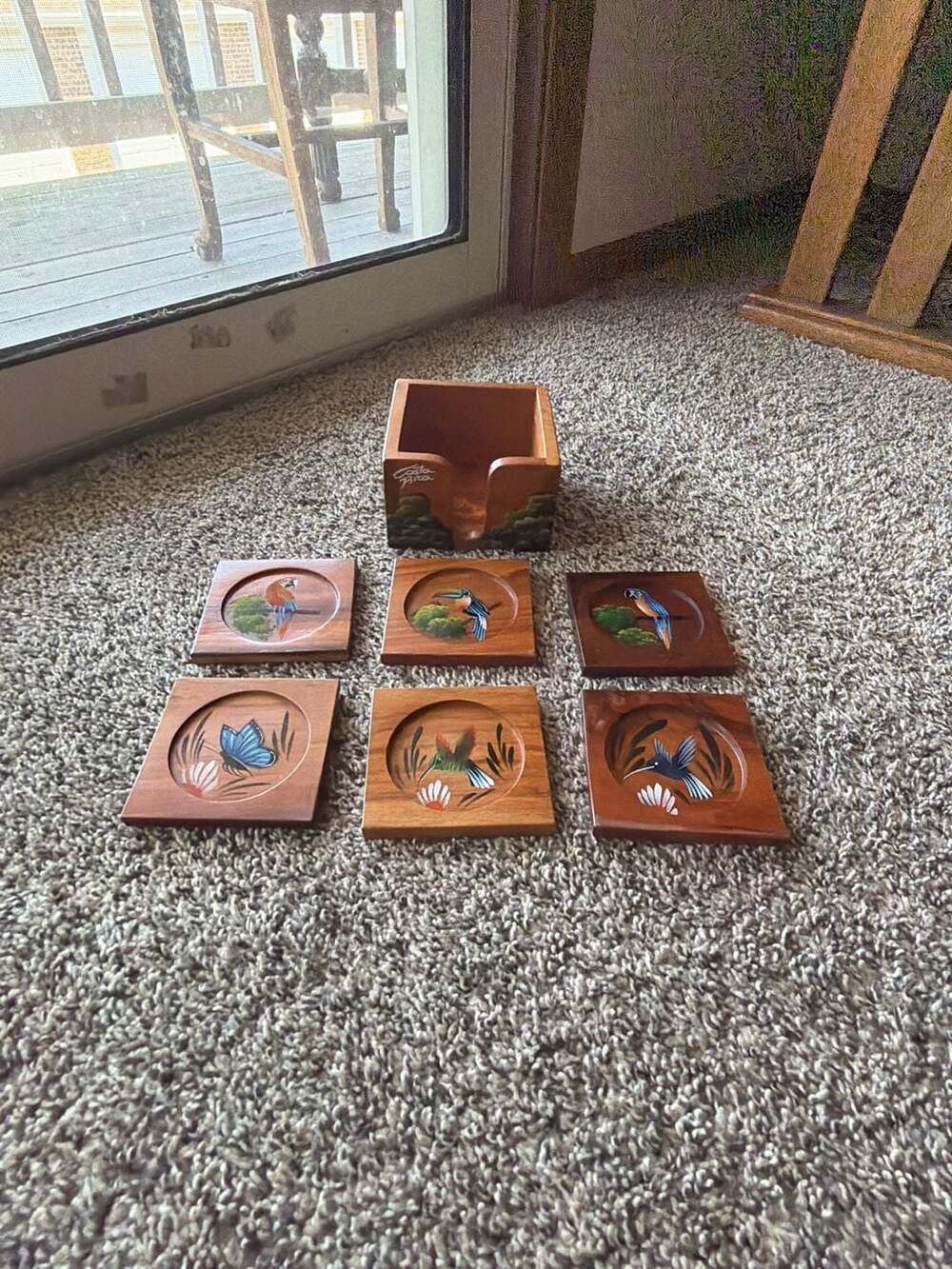 Vintage Hand Painted Costa Rica Wooden Coaster Set with Holder - Picture 3 of 4